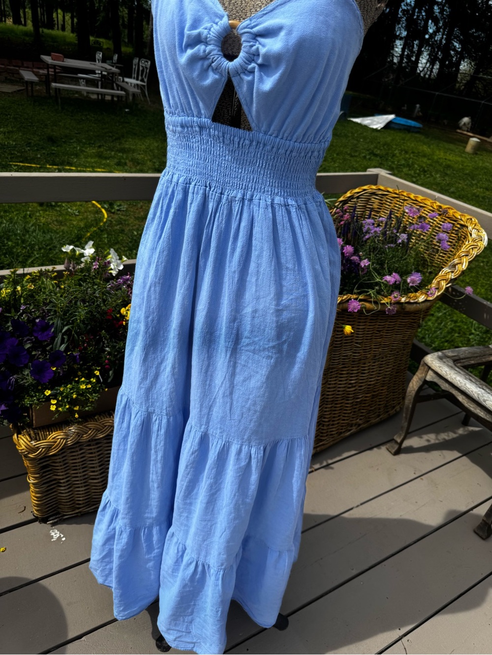 New Light Blue Smocked Maxi Dress with Tie Front - made in Peru - Picture 5 of 8